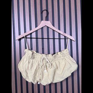 Free People Crop Top Small Womens Yellow Beige Tassel Ruffled Smocked Curve Hem